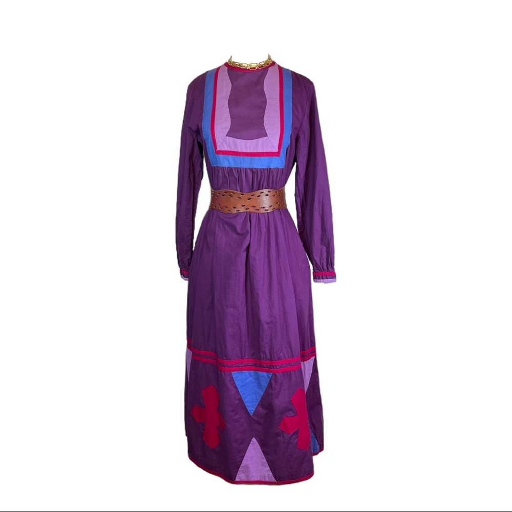 VINTAGE 70s BOHO GEOMETRIC LONG SLEEVE HIPPIE SHIFT DRESS M